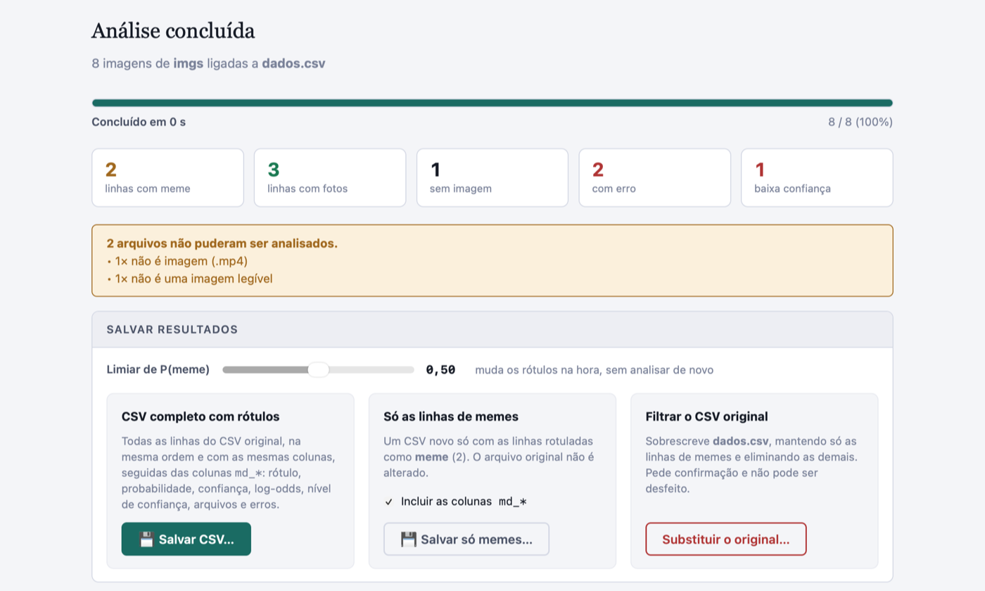 Tela de resultados do MemeDetection, com contagem de linhas com meme, com fotos, sem imagem e com erro, e opções para salvar o CSV